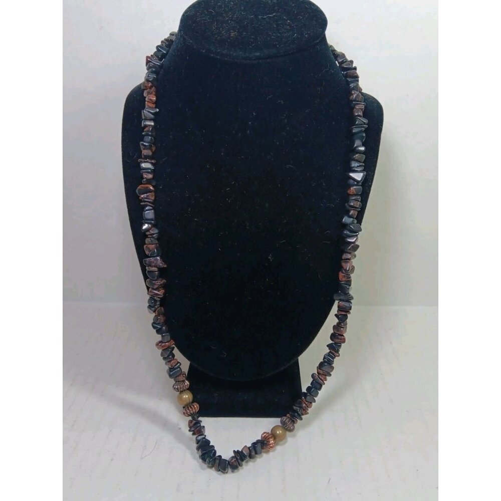 Polished Black Tiger Eye Red Fire Chip Vintage Necklace Rare Retro Boho